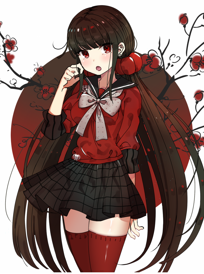 1girl :o adjusting_hair arm_at_side bangs blunt_bangs blush bow bowtie branch brown_bow brown_hair brown_neckwear cowboy_shot dangan_ronpa earrings eyebrows_visible_through_hair flower hair_ornament hand_up harukawa_maki jewelry long_hair long_sleeves looking_at_viewer low_twintails new_dangan_ronpa_v3 open_mouth pleated_skirt red_eyes red_legwear red_shirt school_uniform serafuku shirt sidelocks skirt sleeves_pushed_up solo ssumbi standing stud_earrings thigh-highs twintails very_long_hair zettai_ryouiki