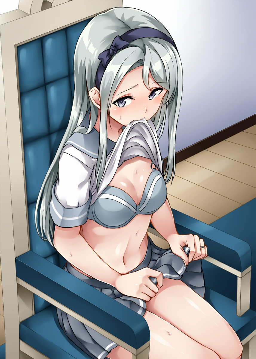 1girl bangs black_hairband blue_bra blue_eyes blush bra breasts grey_sailor_collar grey_skirt hairband highres jewelry kamelie kantai_collection legs_together long_hair looking_at_viewer medium_breasts pleated_skirt ring sagiri_(kantai_collection) sailor_collar school_uniform serafuku short_sleeves silver_hair sitting skirt skirt_lift small_breasts solo thighs underwear wedding_band