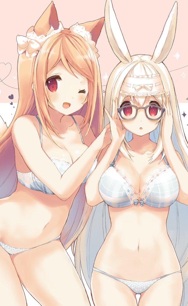 2girls :o animal_ears bangs bespectacled bra breasts cleavage commentary cowboy_shot cynthia_riddle extra_ears fox_ears glasses hair_ribbon heart long_hair looking_at_viewer medium_breasts milia_leclerc multiple_girls navel one_eye_closed open_mouth orange_hair original p19 panties rabbit_ears red_eyes ribbon sidelocks smile sparkle standing swept_bangs underwear very_long_hair white_hair