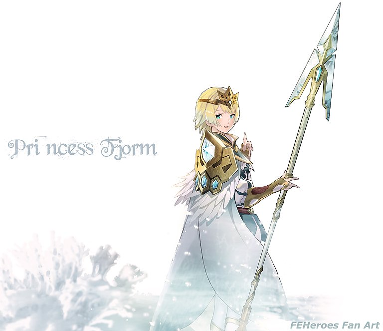 1girl blonde_hair blue_eyes cape character_name crown feather_trim feathers fire_emblem fire_emblem_heroes fjorm_(fire_emblem_heroes) from_side holding holding_weapon long_sleeves looking_to_the_side maeshima_shigeki open_mouth polearm short_hair snowing solo spear weapon