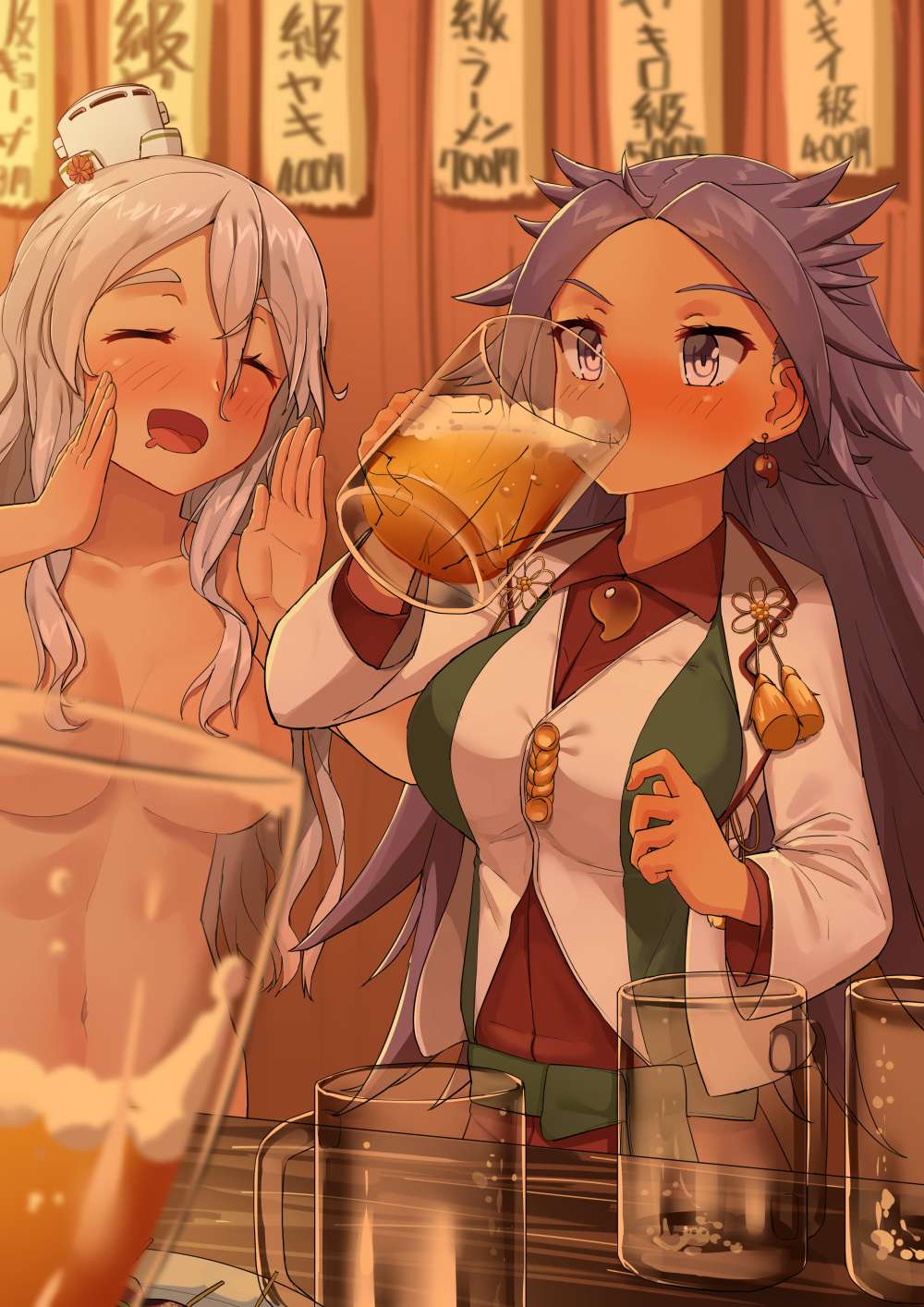 2girls alcohol beer beer_mug blouse blush breasts brown_hair closed_eyes collarbone dress_shirt drinking drunk hat highres jun'you_(kantai_collection) kantai_collection large_breasts long_hair long_sleeves magatama mini_hat multiple_girls nude open_mouth pola_(kantai_collection) purple_hair red_shirt shirt smile soil_chopsticks spiky_hair violet_eyes white_blouse white_hat