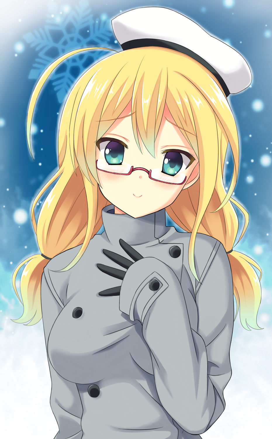 1girl alternate_costume black_gloves blonde_hair blue_eyes breasts coat glasses gloves hat highres i-8_(kantai_collection) icetiina kantai_collection large_breasts long_coat long_sleeves low_twintails peaked_cap red-framed_eyewear sailor_hat semi-rimless_eyewear smile snow snowflakes solo twintails under-rim_eyewear winter_clothes winter_coat