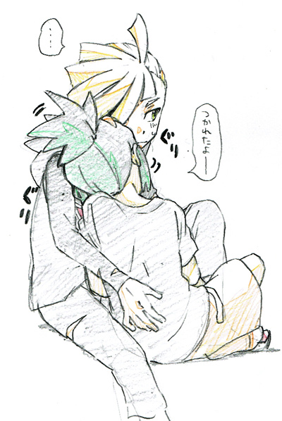 ... 2boys blonde_hair blush color_trace colored_pencil_(medium) gladio_(pokemon) green_eyes hair_over_one_eye hau_(pokemon) hood hoodie male_focus multiple_boys on_lap pokemon pokemon_(game) pokemon_sm shirt short_ponytail shorts sitting spoken_ellipsis t-shirt toshiharu_(s_narutoshi) traditional_media yaoi