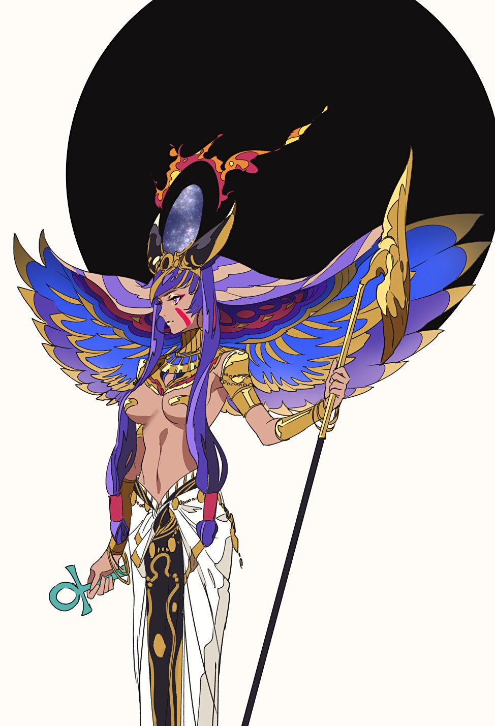 1girl ankh armband bracer breasts bridgeless_bra closed_mouth collar dark_skin facial_mark fate/grand_order fate_(series) from_side head_wings headpiece highres holding holding_staff jewelry lipstick makeup medium_breasts multicolored multicolored_hair multicolored_wings navel nitocris_(fate/grand_order) purple_hair robe solo spread_wings staff standing violet_eyes white_background wings yosi135
