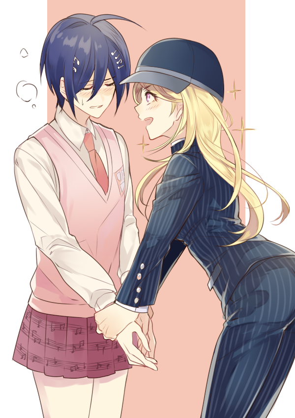 1boy 1girl :d akamatsu_kaede akamatsu_kaede_(cosplay) baseball_cap black_hat black_pants blonde_hair blue_hair blush closed_eyes closed_mouth collared_shirt cosplay cowboy_shot crossdressinging dangan_ronpa embarrassed hair_between_eyes hanbee_(higawari_k) hand_holding hat leaning_forward long_hair long_sleeves miniskirt musical_note musical_note_hair_ornament musical_note_print necktie new_dangan_ronpa_v3 open_mouth pants parted_lips pink_background pleated_skirt profile purple_skirt red_neckwear saihara_shuuichi saihara_shuuichi_(cosplay) school_uniform shirt sideways_hat skirt smile sparkle standing striped sweat sweater_vest two-tone_background vertical-striped_pants vertical_stripes violet_eyes white_shirt wing_collar