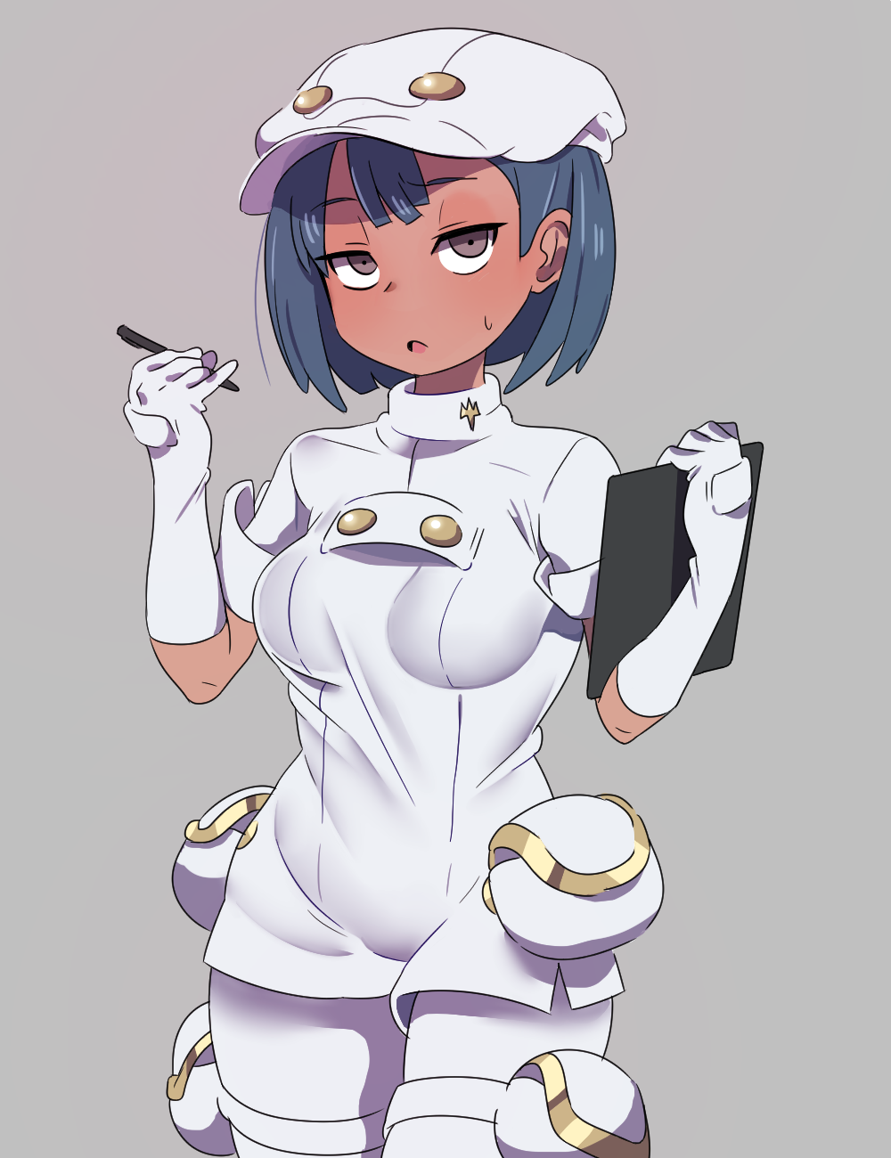 1girl aether_foundation_employee black_eyes black_hair breasts clipboard clothes dark_skin hat highres medium_breasts open_mouth pen pokemon pokemon_(game) pokemon_sm short_hair short_sleeves sweatdrop thigh_pouch unamused uniform