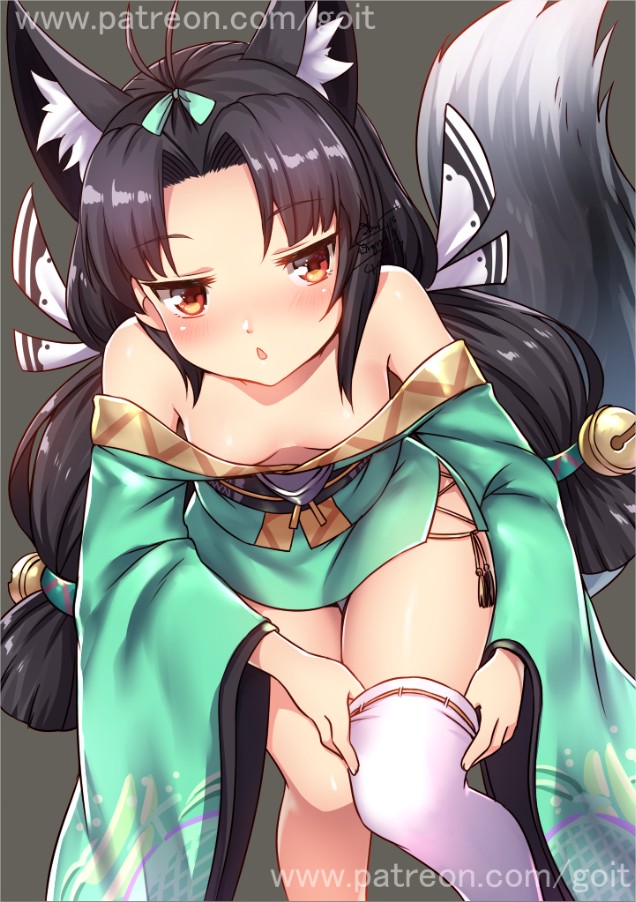1girl adjusting_clothes adjusting_legwear animal_ears antenna_hair azur_lane bare_shoulders bell bent_over black_hair blush breasts cleavage fox_ears fox_tail go-it hair_ribbon hair_tubes japanese_clothes kimono long_hair looking_at_viewer low_twintails orange_eyes parted_lips ribbon short_kimono signature simple_background small_breasts solo tail thigh-highs twintails watermark web_address yuubari_(azur_lane)