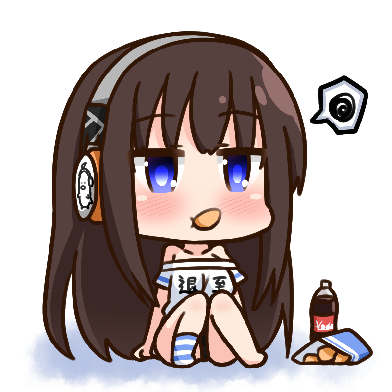 1girl azur_lane bare_shoulders black_hair blue_eyes blush chibi chips cola commentary_request eating food hana_kazari headphones long_hair long_island_(azur_lane) looking_at_viewer mouth_hold potato_chips shirt simple_background sitting snack soda_bottle solo t-shirt translation_request white_background