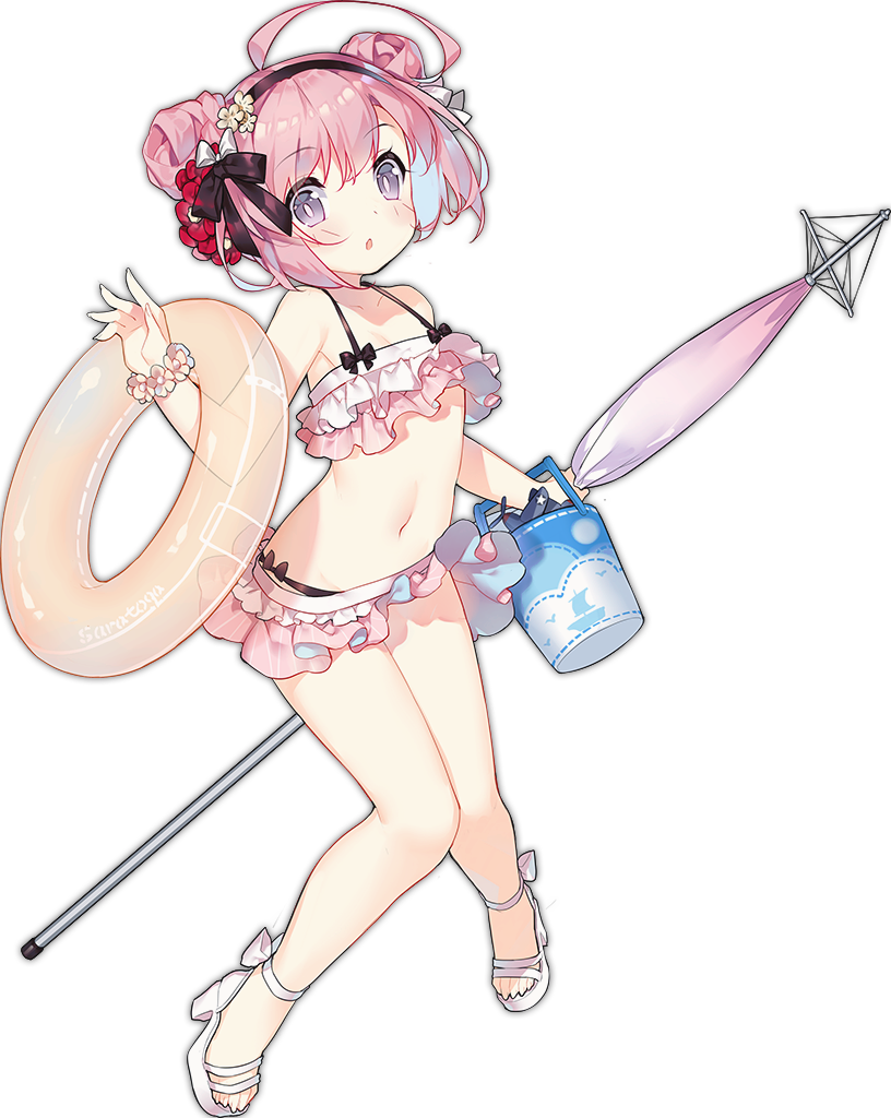 1girl :o ahoge aircraft airplane ankleband azur_lane bangs bare_arms bare_legs bare_shoulders bikini bird black_bow black_hairband black_ribbon blush boat bow bright_pupils bucket closed_umbrella clouds collarbone double_bun eyebrows eyebrows_visible_through_hair eyelashes eyes_visible_through_hair facing_away fingernails flat_chest flower flower_bracelet full_body groin hair_between_eyes hair_flower hair_ornament hair_ribbon hairband holding holding_innertube holding_umbrella innertube knees_together_feet_apart legs long_fingernails long_toenails looking_at_viewer midriff navel official_art open_mouth palms pigeon-toed pink_bikini pink_hair pink_pupils platform_footwear ribbon sailboat sandals saratoga_(azur_lane) saru seagull see-through short_hair side-tie_bikini simple_background solo stomach sun swimsuit tareme toenails transparent_background umbrella violet_eyes watercraft white_footwear white_ribbon