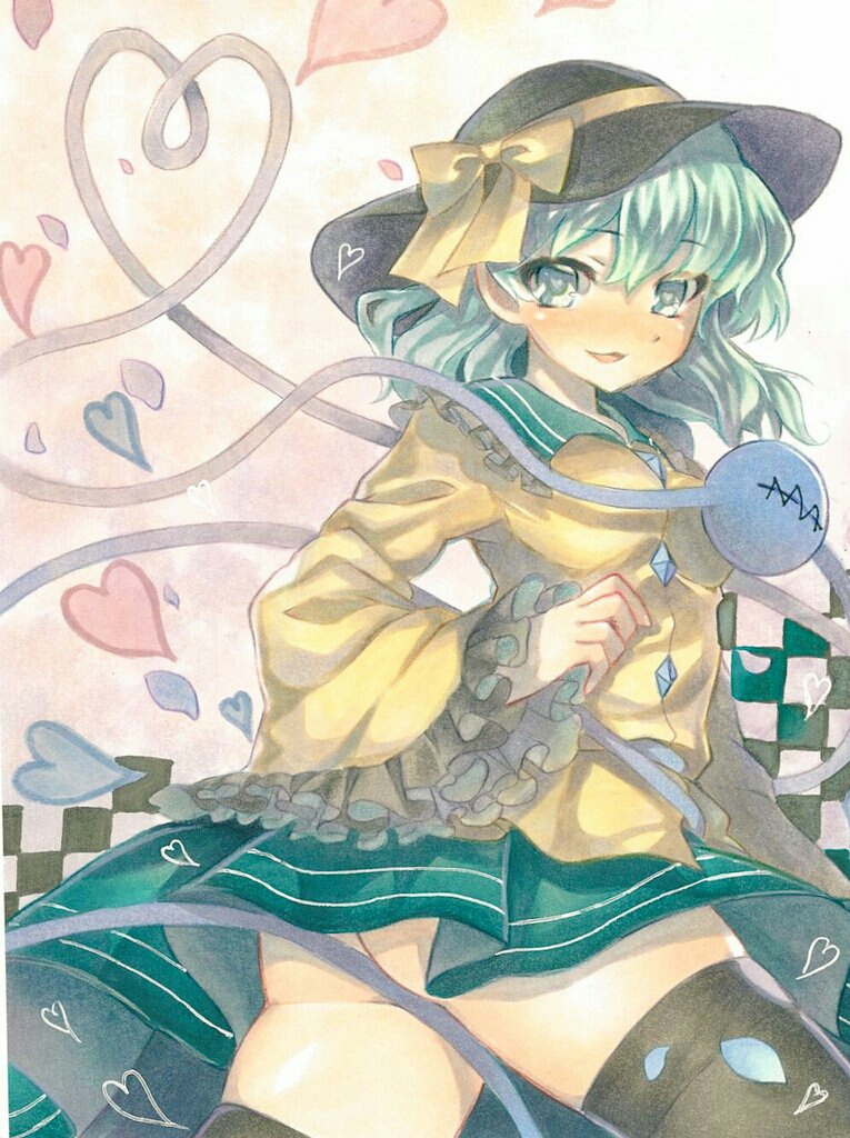 1girl artist_request ass blush breasts commentary_request green_eyes green_hair green_skirt hat heart heart-shaped_pupils heart_of_string komeiji_koishi looking_at_viewer medium_breasts open_mouth skirt solo symbol-shaped_pupils touhou wide_sleeves