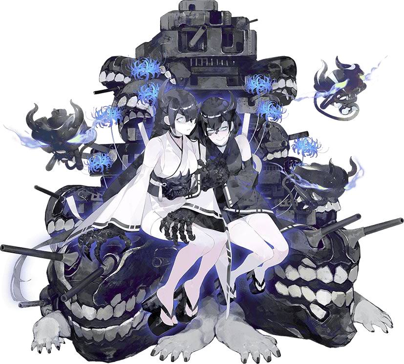 black_hair blue_eyes claws geta gun horns imps japanese_clothes kantai_collection kimono long_hair night_strait_hime_(black) night_strait_hime_(white) official_art shinkaisei-kan teeth weapon white_skin