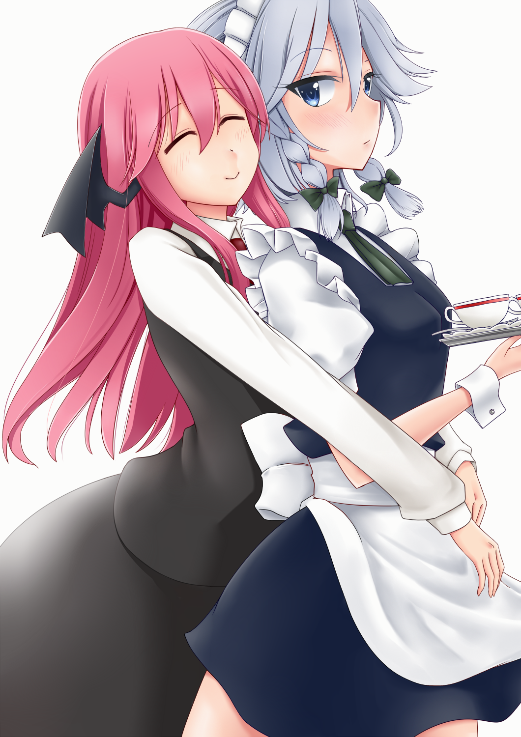 2girls 3692materia :/ ^_^ apron ascot bat_wings blue_dress braid closed_eyes commentary_request cowboy_shot cup dress eyebrows_visible_through_hair hair_ribbon head_wings highres hug hug_from_behind izayoi_sakuya koakuma long_hair long_sleeves looking_at_another looking_back maid maid_headdress multiple_girls necktie red_neckwear redhead ribbon short_hair silver_hair simple_background skirt skirt_set smile teacup touhou tray tress_ribbon twin_braids vest waist_apron white_background wings
