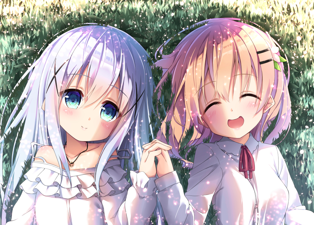 2girls :d ^_^ bangs bare_shoulders blue_eyes blue_hair blush closed_eyes closed_mouth collarbone collared_shirt commentary_request day dosu_(yodosu) eyebrows_visible_through_hair facing_viewer frilled_shirt frills gochuumon_wa_usagi_desu_ka? grass hair_between_eyes hair_ornament hairclip hand_holding head_tilt hoto_cocoa interlocked_fingers kafuu_chino long_sleeves looking_at_viewer lying multiple_girls neck_ribbon off-shoulder_shirt on_back on_grass open_mouth outdoors red_ribbon ribbon shirt smile strap_slip white_shirt x_hair_ornament