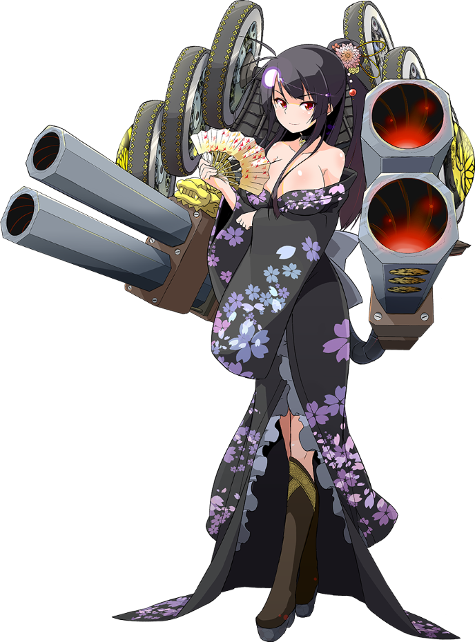 1girl bare_shoulders black_hair boots breasts cannon fan full_body hair_bun hair_ornament japanese_clothes kimono large_breasts legs_crossed long_hair nijou_(oshiro_project) official_art oshiro_project oshiro_project_re ponytail red_eyes shachihoko side_ponytail solo sw transparent_background watson_cross yuujou