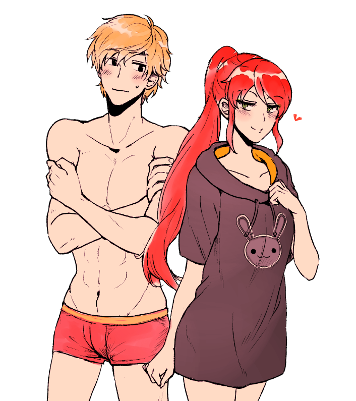 1boy 1girl blonde_hair blue_eyes blush briefs chuu green_eyes hood hoodie jaune_arc pyrrha_nikos redhead rwby smile underwear