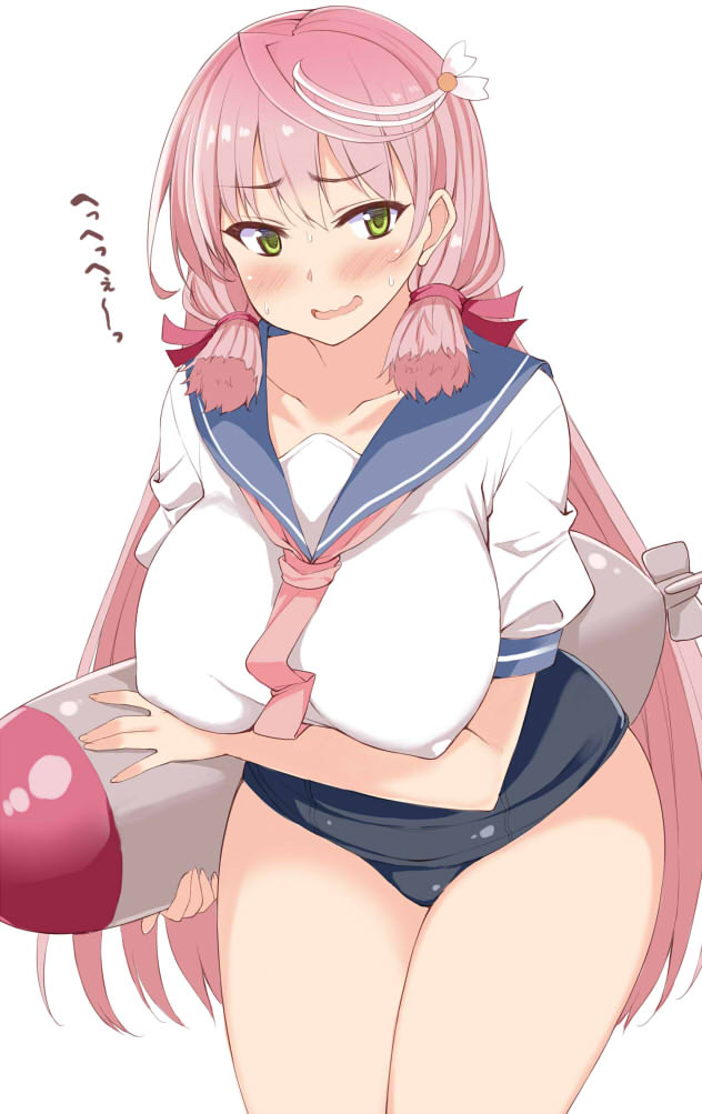 1girl akashi_(kantai_collection) blue_sailor_collar breasts commentary_request cosplay cowboy_shot green_eyes hair_ribbon i-58_(kantai_collection) i-58_(kantai_collection)_(cosplay) kantai_collection kusano_(torisukerabasu) large_breasts leaning_forward long_hair pink_hair pink_neckwear ribbon school_swimsuit school_uniform serafuku solo swimsuit swimsuit_under_clothes torpedo translation_request tress_ribbon
