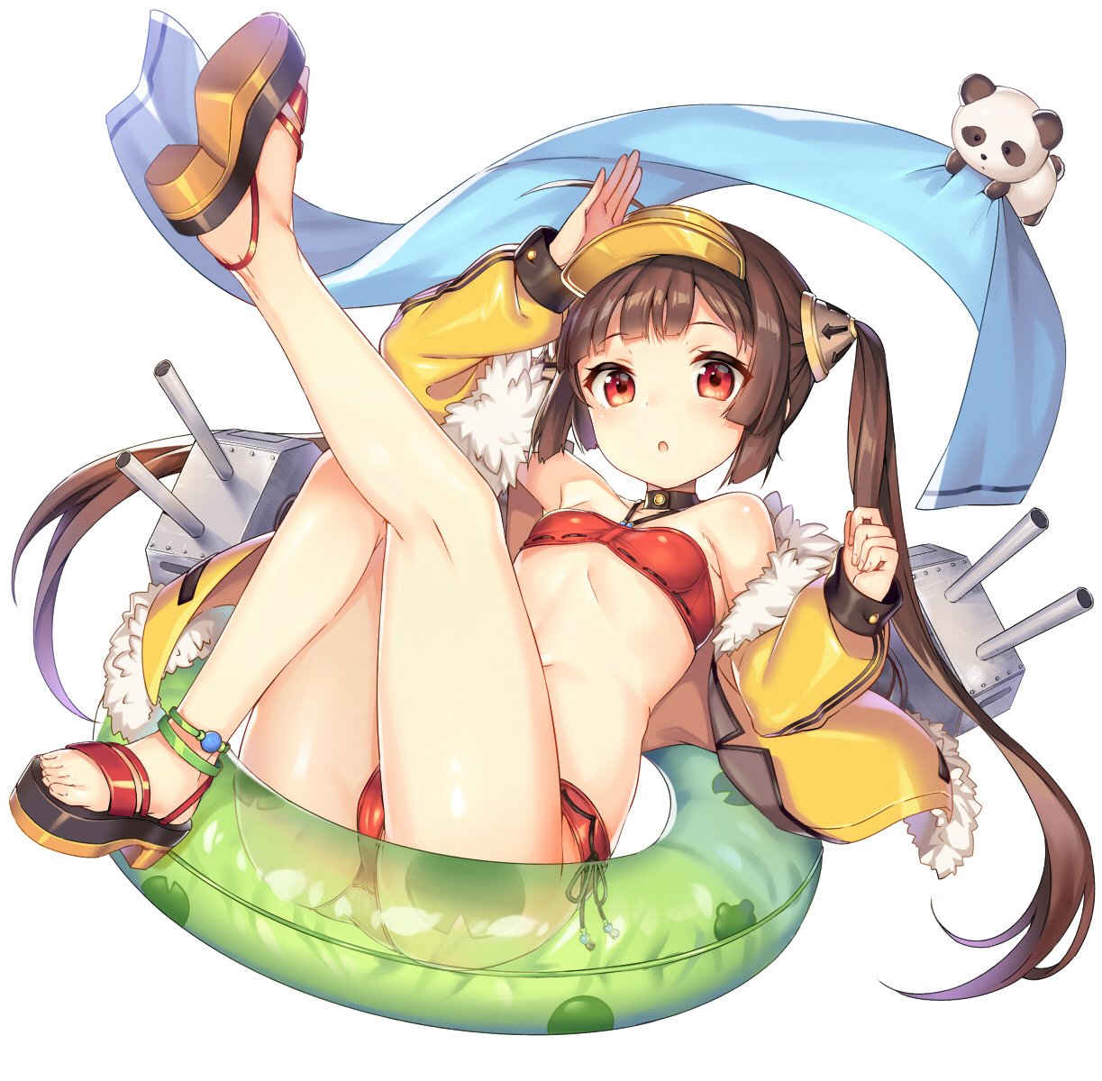 1girl :o arm_above_head azur_lane bandeau bangs bare_legs bare_shoulders bikini blunt_bangs breasts brown_hair collar fingernails full_body fur_collar hand_up highres innertube jacket knees_up leg_up long_sleeves looking_at_viewer lying mokyu panda ping_hai_(azur_lane) red_bikini red_eyes sandals short_hair_with_long_locks simple_background small_breasts solo swimsuit toenails towel twintails visor_cap white_background