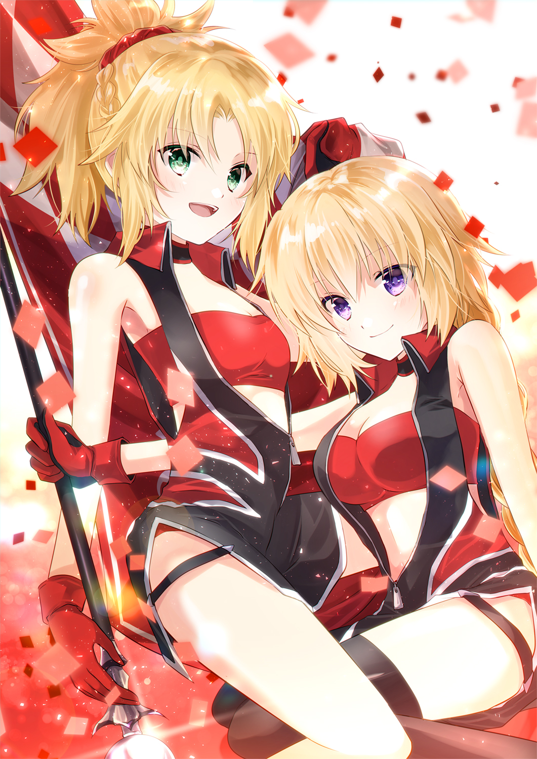 2girls :d blonde_hair blurry braid choker commentary_request confetti depth_of_field fate/apocrypha fate_(series) flag flagpole french_braid gloves green_eyes highres holding iroha_(shiki) jacket jeanne_d'arc_(fate) jeanne_d'arc_(fate)_(all) long_hair looking_at_viewer low_ponytail midriff multiple_girls open_mouth ponytail red_gloves saber_of_red single_braid smile violet_eyes