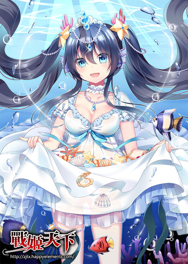 1girl :d animal_ears black_hair blue_eyes blue_ribbon blush breasts bubble cleavage copyright_name coral cowboy_shot crown day detached_collar diadem dot_nose dress dress_lift fish floating_hair gem hair_between_eyes hair_ornament head_fins head_tilt jewelry lifted_by_self long_hair looking_at_viewer medium_breasts mvv necklace official_art open_mouth outdoors quad_tails ribbon seashell shell smile solo standing starfish underwater watermark web_address white_dress zhan_ji_tian_xia