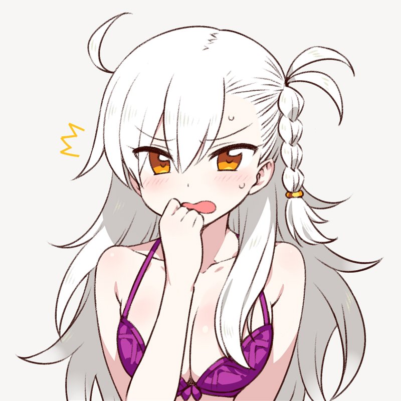 /\/\/\ 1girl ahoge bare_arms bare_shoulders blush bra braid breasts chan_co cleavage embarrassed eyebrows_visible_through_hair fate/grand_order fate_(series) grey_background hair_between_eyes large_breasts long_hair looking_at_viewer olga_marie_animusphere open_mouth purple_bra side_braid simple_background solo sweatdrop underwear underwear_only upper_body white_hair yellow_eyes