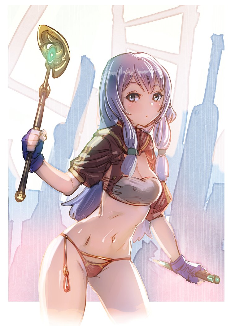 1girl bangs beltbra blue_gloves blue_hair blush bow_(bhp) bra brown_jacket closed_mouth cowboy_shot cropped_jacket dagger eyebrows_visible_through_hair fingerless_gloves gloves grey_bra holding holding_dagger holding_weapon jacket long_hair looking_at_viewer navel open_clothes open_jacket panties red_panties reverse_grip sidelocks solo standing underwear weapon
