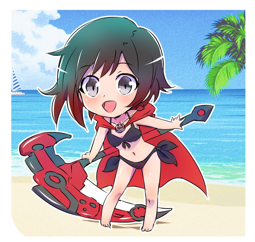 1girl beach bikini bikini_bottom bikini_top blue_sky boat cape chibi commentary_request crescent_rose cute iesupa ocean ruby_rose rwby scythe sky solo watercraft