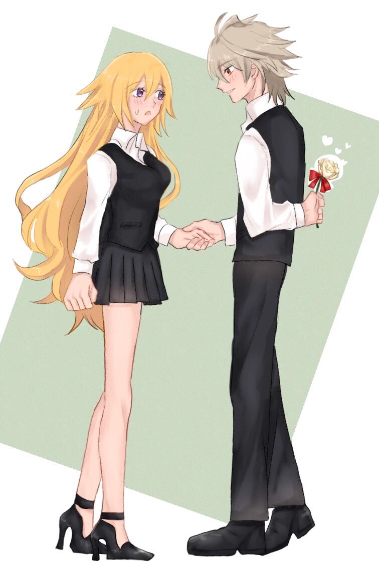 1boy 1girl ahoge arm_behind_back bangs black_footwear black_pants black_skirt blonde_hair blush breasts couple eyebrows_visible_through_hair fate/apocrypha fate_(series) flower from_side hand_holding heart hetero high_heels holding holding_flower humi222272 jeanne_d'arc_(fate) jeanne_d'arc_(fate)_(all) large_breasts long_hair long_pants long_sleeves looking_at_another miniskirt pants red_eyes red_ribbon ribbon shirt shoes short_hair sieg_(fate/apocrypha) simple_background skirt sweatdrop very_long_hair violet_eyes waistcoat white_shirt