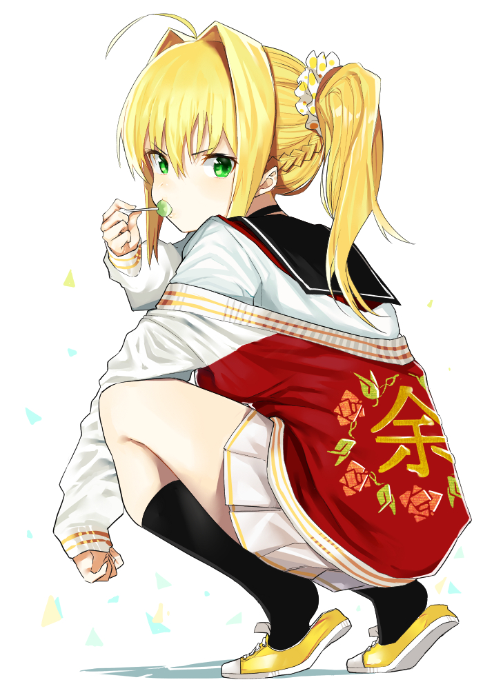 1girl ahoge arm_up bangs blush braid candy closed_mouth eyebrows_visible_through_hair fate/grand_order fate_(series) food full_body hair_between_eyes hair_intakes hair_ornament hair_scrunchie holding holding_food jacket kneehighs letterman_jacket lollipop long_hair looking_at_viewer miniskirt pinch_(nesume) pleated_skirt saber_extra school_uniform scrunchie serafuku shoes sidelocks simple_background skirt sleeves_past_wrists sneakers solo squatting sukajan tiptoes twintails white_background white_skirt yellow_footwear