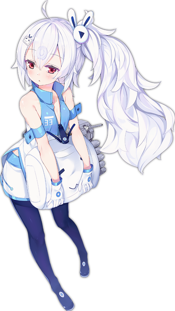 1girl :3 :o ahoge armband azur_lane bare_shoulders bilibili_douga blue_legwear blush breasts bunny_hair_ornament collarbone dot_nose eyebrows eyebrows_visible_through_hair eyelashes facing_away full_body gloves hair_ornament half-closed_eyes kaede_(003591163) laffey_(azur_lane) legs_apart long_hair looking_away machinery miniskirt number official_art open_mouth pantyhose popped_collar red_eyes shirt side_ponytail sidelocks simple_background skirt sleeveless sleeveless_shirt small_breasts solo transparent_background turret unzipped white_gloves white_hair white_skirt zipper_pull_tab