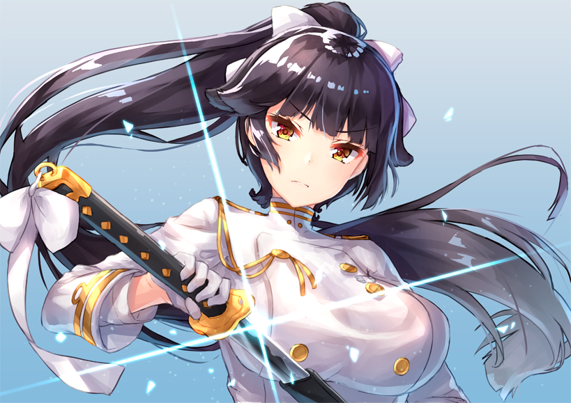 1girl aiguillette azur_lane bangs black_hair blue_background blunt_bangs bow breasts closed_mouth double-breasted glint gloves gradient gradient_background hair_bow hair_flaps high_ponytail holding holding_sword holding_weapon katana large_breasts long_hair long_sleeves looking_at_viewer military military_uniform pensuke serious sheath shiny shiny_hair sword takao_(azur_lane) tsurime uniform unsheathing upper_body v-shaped_eyebrows very_long_hair weapon white_bow white_gloves yellow_eyes