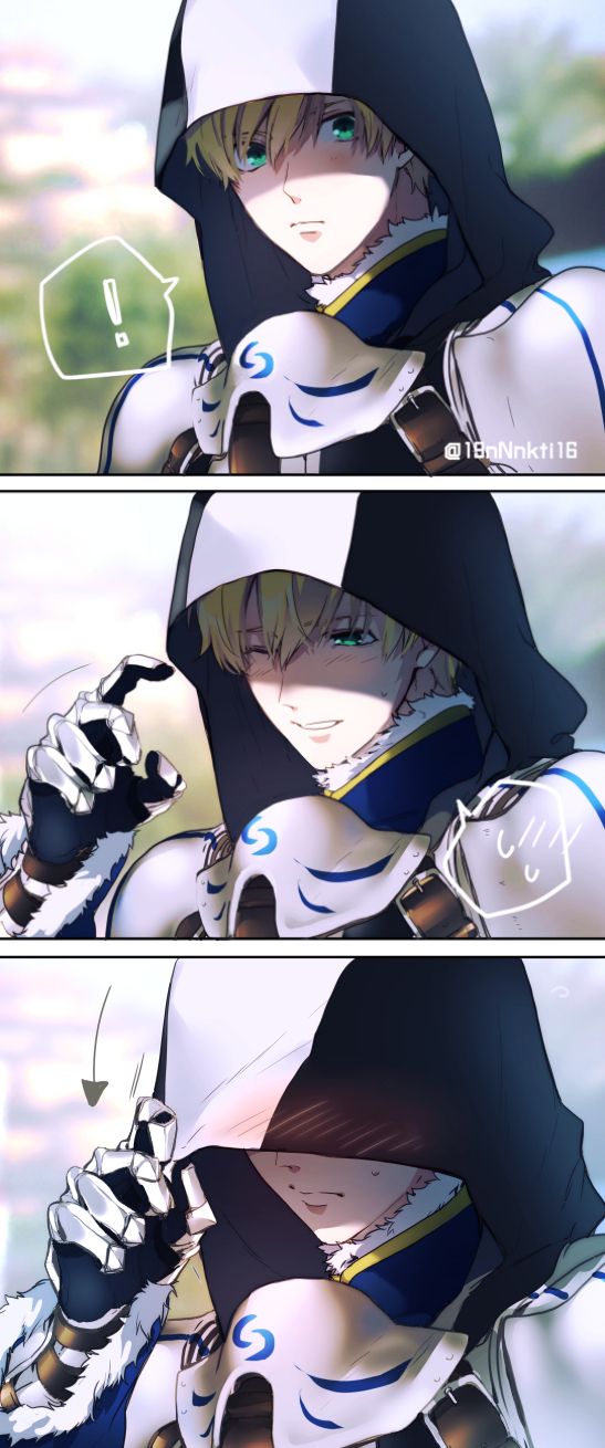 ! 1boy 3koma armor blonde_hair blush breastplate comic embarrassed fate/prototype fate_(series) gauntlets green_eyes highres hood hood_over_eyes ikuhiro_(19nnnkti16) male_focus pauldrons saber_(fate/prototype) solo sweatdrop