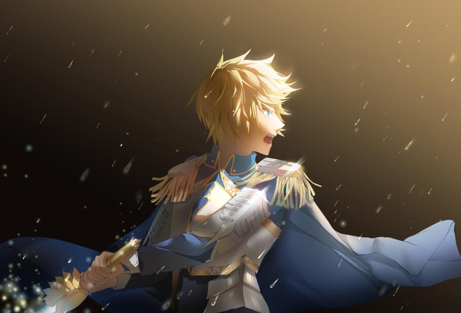 1boy armor blonde_hair blue_cape blue_eyes cape epaulettes holding holding_sword holding_weapon jinying looking_to_the_side male_focus open_mouth quan_zhi_gao_shou solo standing sword troubling_rain weapon