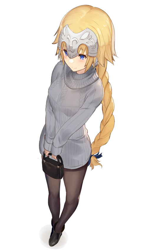 1girl black_footwear black_legwear blonde_hair blue_eyes blue_ribbon braid breasts casual commentary_request contemporary eyebrows_visible_through_hair fate/grand_order fate_(series) full_body grey_sweater hair_ribbon headpiece holding_bag jeanne_d'arc_(alter)_(fate) jeanne_d'arc_(fate) jeanne_d'arc_(fate)_(all) keemu_(occhoko-cho) long_hair low-tied_long_hair medium_breasts pantyhose ribbed_sweater ribbon simple_background single_braid smile solo standing sweater very_long_hair white_background
