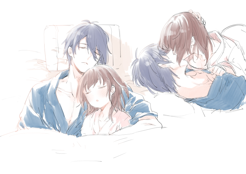 1boy 1girl blue_hair blush brown_hair closed_eyes couple female_saniwa_(touken_ranbu) from_side girl_on_top hand_on_another's_head hetero hidden_face kiss lying medium_hair mikazuki_munechika multiple_views nakayama_miyuki on_back sleeping sleeping_on_person touken_ranbu under_covers