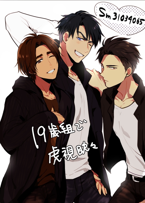 3boys black_hair blue_eyes brown_eyes brown_hair grin heart hood hoodie jean-jacques_leroy leo_de_la_iglesia male_focus mizota_(rovel) multiple_boys one_eye_closed otabek_altin smile translation_request yuri!!!_on_ice