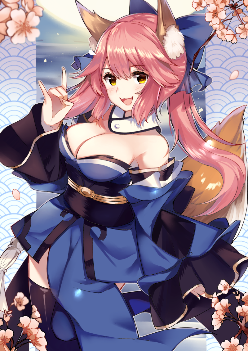 1girl animal_ears black_legwear blue_kimono blue_ribbon detached_sleeves eyebrows_visible_through_hair fang fate/extra fate_(series) fox_ears fox_tail hair_ribbon japanese_clothes kimono obi open_mouth pink_hair ribbon ry_thae sash short_kimono solo tail tamamo_(fate)_(all) tamamo_no_mae_(fate) thigh-highs twintails upper_body wide_sleeves yellow_eyes