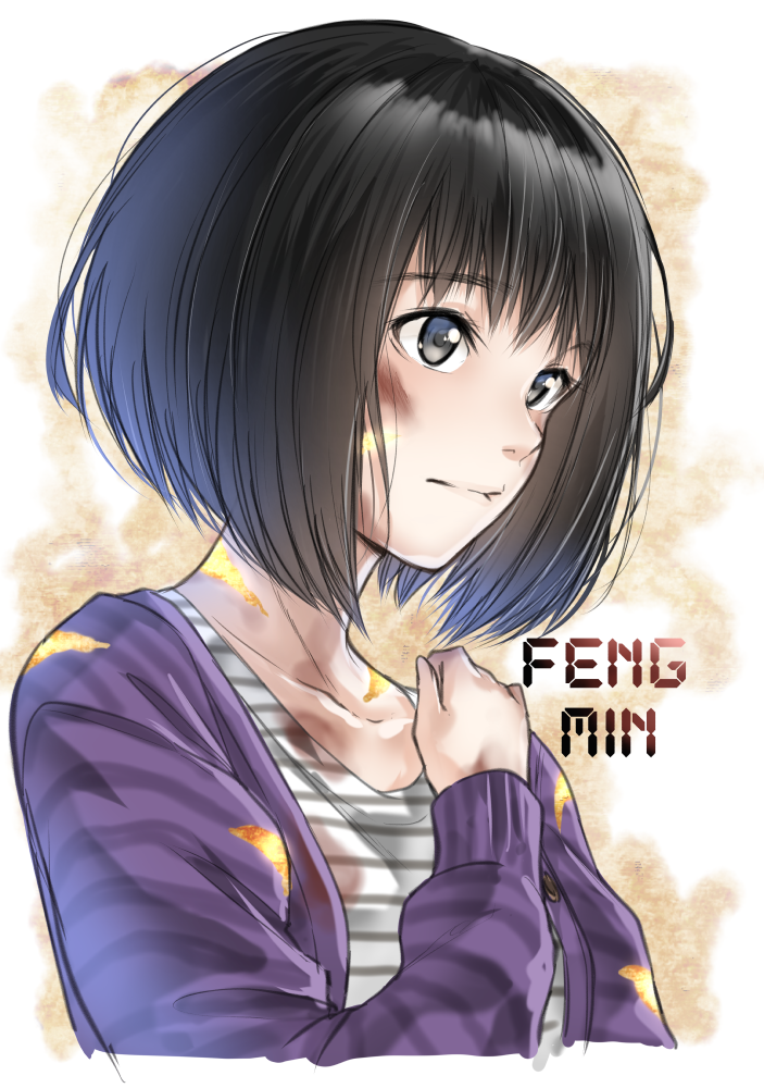 1girl bangs black_hair bruise_on_face cardigan character_name closed_mouth collarbone dead_by_daylight eyebrows_visible_through_hair feng_min grey_eyes long_sleeves scar shirt short_hair solo striped striped_shirt upper_body yuki_arare