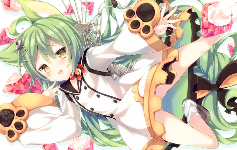 1girl :3 :d akashi_(azur_lane) animal_ears azur_lane bangs bell black_bow black_footwear blush bow cat_ears commentary_request dress eyebrows_visible_through_hair green_hair hair_between_eyes hair_bow hair_ornament hand_to_own_mouth jingle_bell kabocha_usagi loafers long_hair long_sleeves looking_at_viewer lying machinery on_side open_mouth red_bow ruby_(stone) sailor_dress screwdriver shoes sleeves_past_wrists smile socks solo very_long_hair white_dress white_legwear wrench yellow_eyes