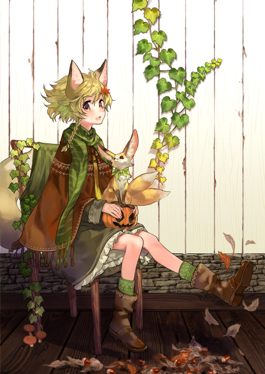 1girl :d acorn animal animal_ears asymmetrical_hair autumn_leaves bangs boots braid brown_eyes brown_footwear cape chair dress fox fox_ears fox_girl fox_tail frilled_dress frills green_hair green_legwear green_scarf hair_ornament highres jack-o'-lantern leaf leaf_hair_ornament leg_up long_hair long_sleeves looking_at_viewer maple_leaf multiple_tails mushroom okishiji_en open_mouth original pumpkin scarf single_braid sitting smile socks solo tail wooden_floor wooden_wall