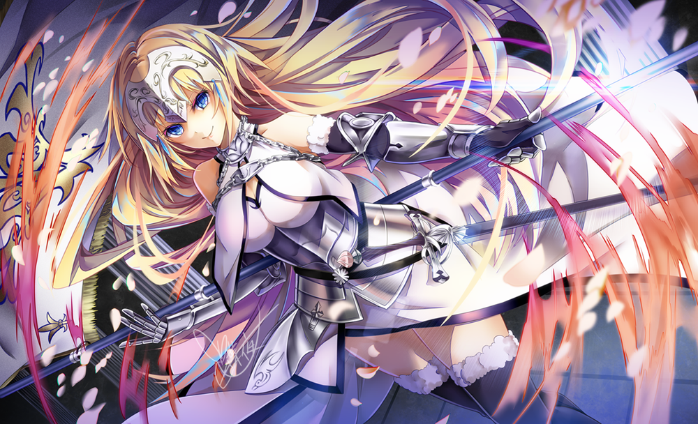 1girl armor armored_dress banner bare_shoulders black_legwear blonde_hair blue_eyes breasts chains closed_mouth collar dress dutch_angle fate/grand_order fate_(series) fringe fur-trimmed_legwear fur_trim gauntlets headpiece holding holding_staff holding_weapon jeanne_d'arc_(fate) jeanne_d'arc_(fate)_(all) large_breasts long_hair looking_at_viewer petals polearm signature smile solo staff standing tyouya very_long_hair weapon white_dress