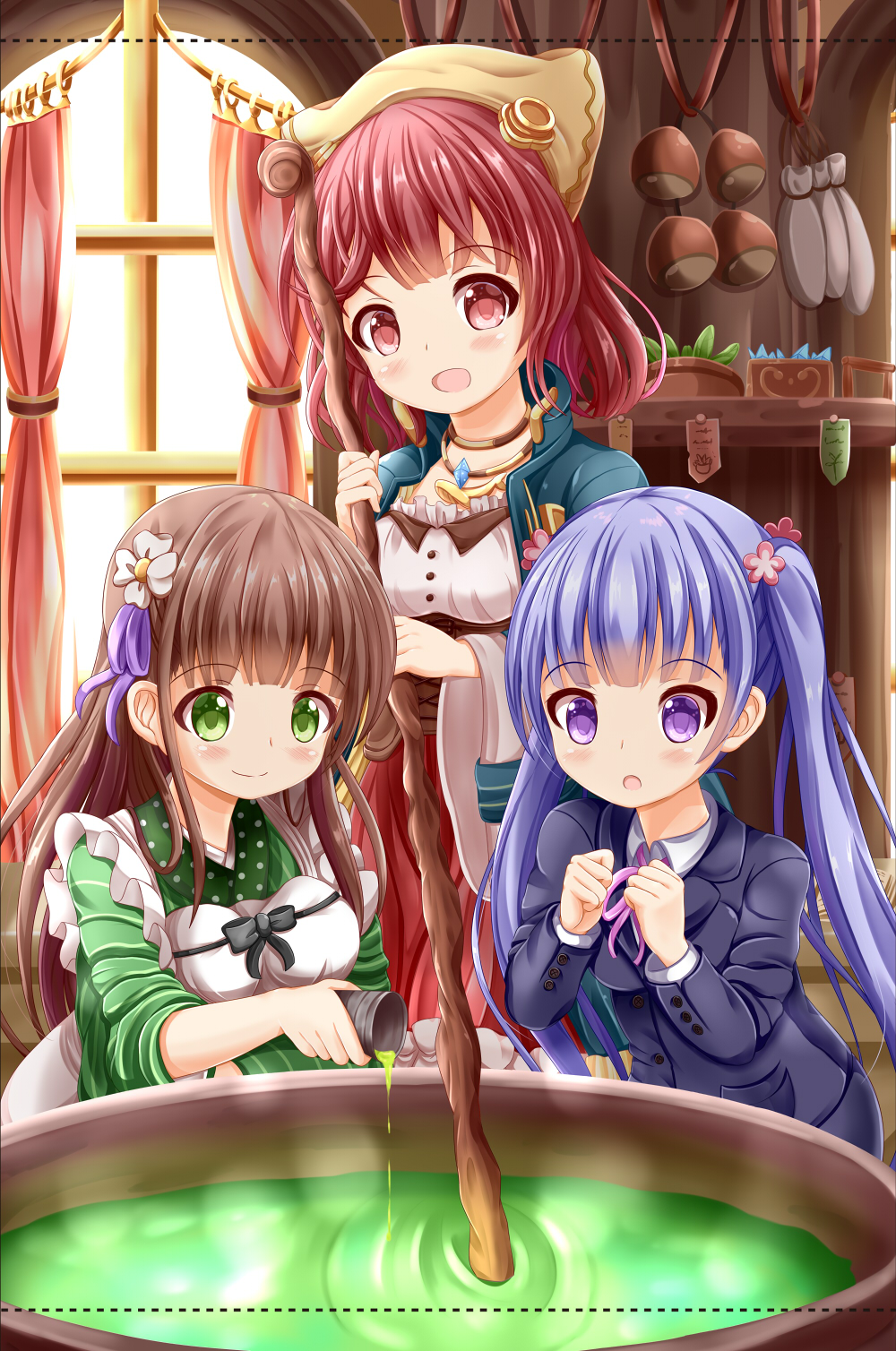 3girls :d :o ama_usa_an_uniform apron atelier_(series) atelier_sophie bangs blunt_bangs blush breasts brown_hair cauldron closed_mouth commentary_request crossover cup curtains eyebrows_visible_through_hair flower formal gochuumon_wa_usagi_desu_ka? green_eyes green_kimono green_tea hair_flower hair_ornament highres indoors japanese_clothes jewelry kimono lavender_hair long_hair long_sleeves looking_at_viewer maid_apron medium_breasts multiple_crossover multiple_girls necklace new_game! open_mouth paper pink_flower polka_dot_trim purple_ribbon red_eyes redhead ribbon short_hair small_breasts smile sophie_neuenmuller spilling staff striped striped_kimono suit suzukaze_aoba tea twintails ujimatsu_chiya violet_eyes white_apron white_flower wide_sleeves window yunomi zenon_(for_achieve)