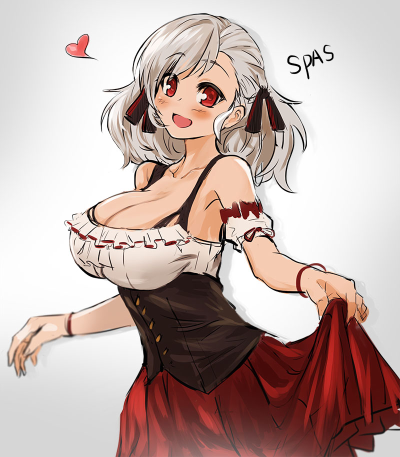 1girl :d bangle bangs bare_shoulders blush bracelet breasts character_name cleavage collarbone corset detached_sleeves dirndl eyebrows_visible_through_hair frills german_clothes girls_frontline grey_background hair_ribbon heart jewelry large_breasts long_hair looking_at_viewer open_mouth red_eyes red_ribbon red_skirt ribbon short_sleeves silver_hair simple_background sketch skirt smile snowru solo spas-12_(girls_frontline) tareme upper_body