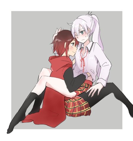 2girls hand_under_clothes hand_under_shirt lowres multiple_girls nagasawa_(tthnhk) pantyhose ruby_rose rwby scar scar_across_eye school_uniform shirt undressing weiss_schnee yuri