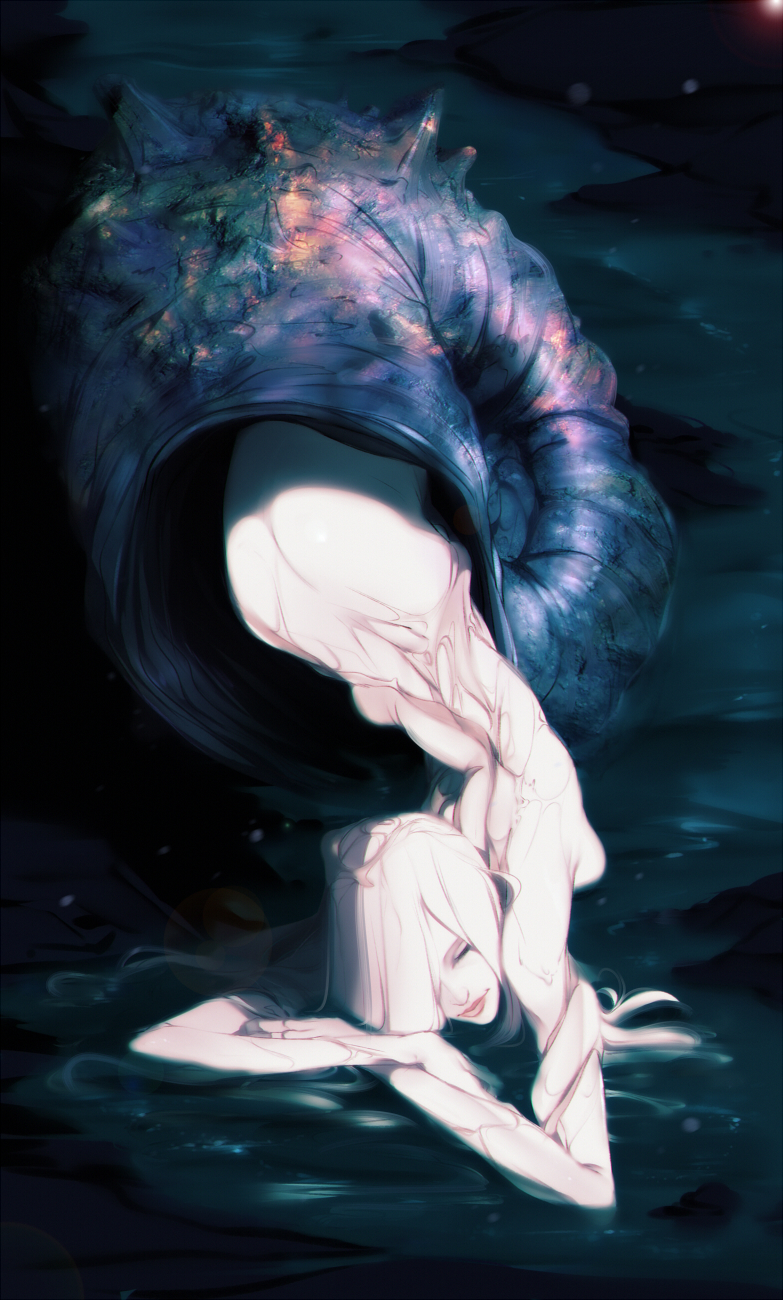 1girl bloodborne closed_eyes from_above hair_over_one_eye highres lying monster_girl pale_skin sleeping snail_girl snail_shell snail_woman_(bloodborne) solo sticky_(stickysheep) the_old_hunters white_hair
