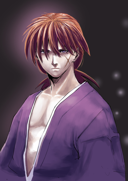 1boy brown_hair closed_mouth grey_eyes hair_between_eyes himura_kenshin ishii_hisao japanese_clothes light_frown long_hair looking_at_viewer male_focus ponytail rurouni_kenshin shirtless solo upper_body