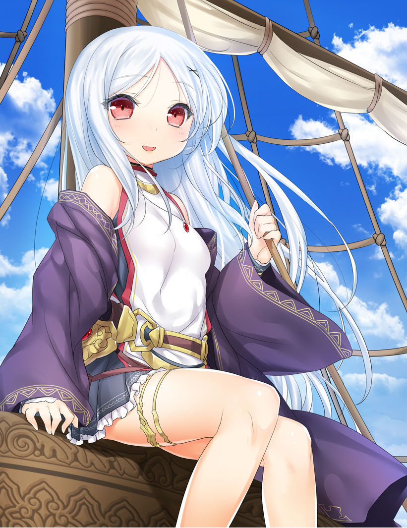 1girl 47agdragon bare_shoulders belt blue_hair blue_skirt blue_sky blush clouds cloudy_sky day eyebrows_visible_through_hair feet_out_of_frame hair_ornament jewelry knees_together_feet_apart legband long_hair looking_at_viewer mast necklace off_shoulder outdoors parted_lips red_eyes sail ship sitting skirt sky smile solo tensei_kyuuketsuki_san_wa_ohirune_ga_shitai very_long_hair vest watercraft white_vest x_hair_ornament