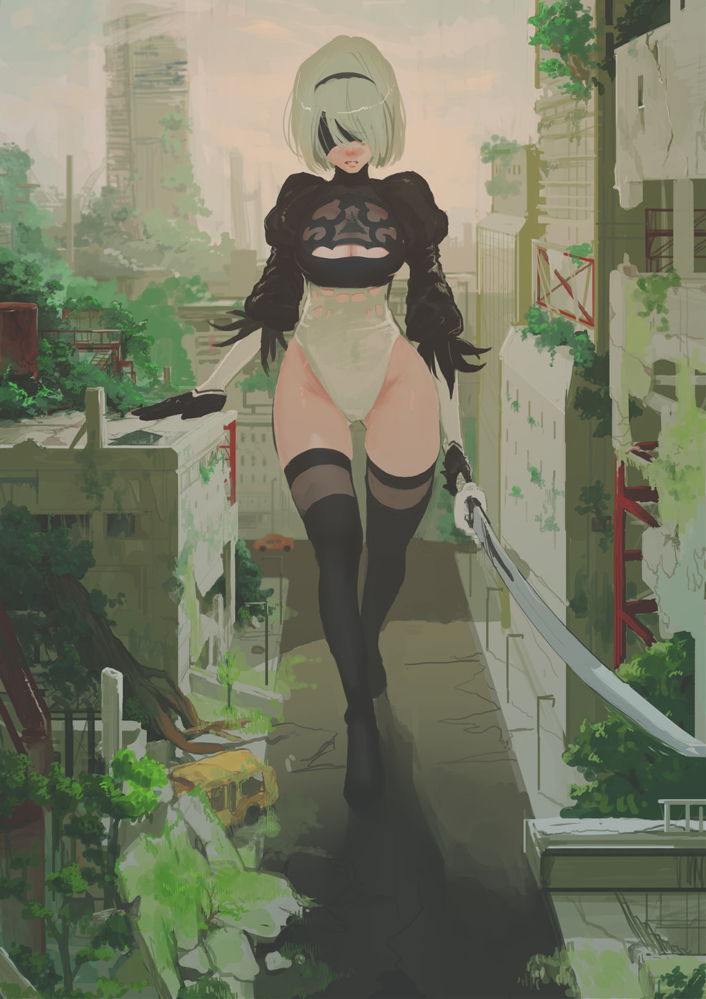 1girl black_gloves black_legwear blindfold breasts car city cleavage cleavage_cutout covered_eyes day giantess gloves gluteal_fold ground_vehicle hairband highres holding holding_sword holding_weapon juliet_sleeves katana leotard loncspace long_sleeves motor_vehicle nier_(series) nier_automata outdoors parted_lips puffy_sleeves ruins short_hair silver_hair solo standing sword thigh-highs tree walking weapon white_leotard yorha_no._2_type_b