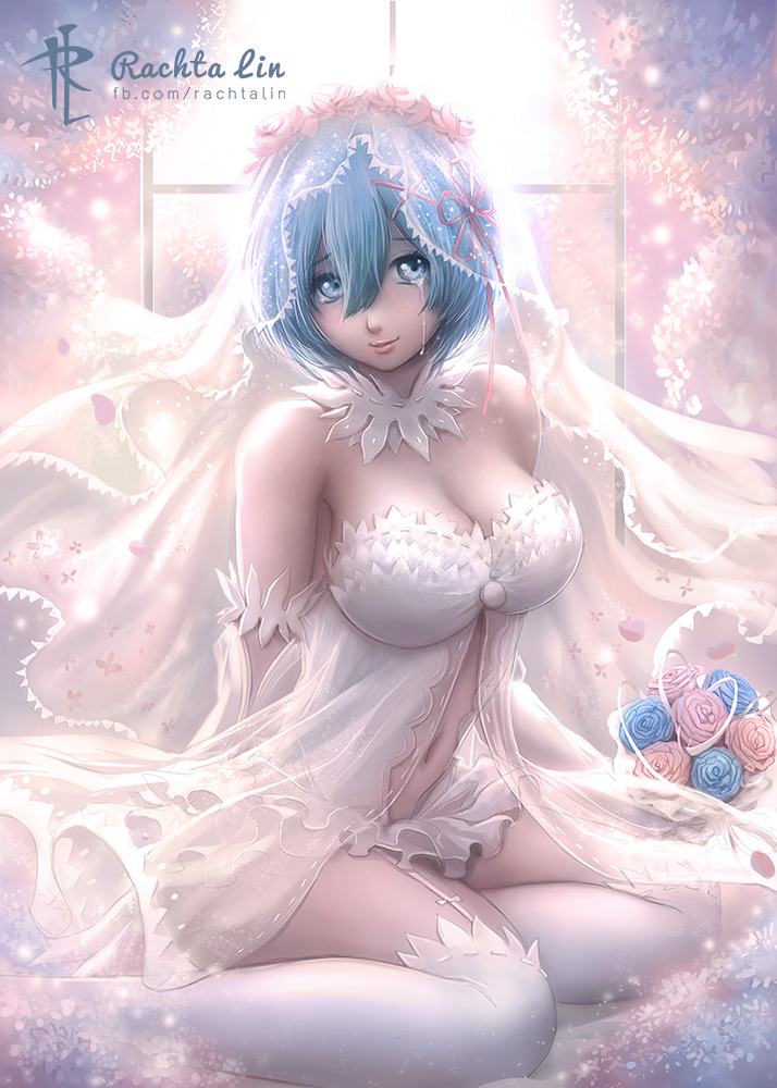 1girl arm_behind_back artist_name blue_eyes blue_hair blue_rose bouquet breasts bride cleavage closed_mouth commentary crying crying_with_eyes_open curtains detached_collar eyebrows_visible_through_hair flower garter_straps hair_between_eyes hair_ornament large_breasts navel pink_rose rachta_lin re:zero_kara_hajimeru_isekai_seikatsu rem_(re:zero) ribbon-trimmed_clothes ribbon_trim rose short_hair sitting smile solo tears thigh-highs veil watermark web_address white_legwear window x_hair_ornament