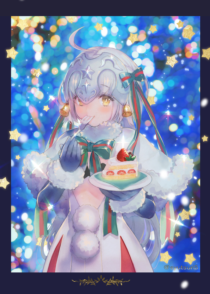 1girl ahoge bell black_bra black_gloves blurry blush bokeh border bow bowtie bra cake capelet depth_of_field dress eating elbow_gloves eyebrows_visible_through_hair fate/grand_order fate_(series) food fork fruit fur-trimmed_gloves fur_trim glint gloves green_bow green_neckwear hair_bow headpiece jeanne_d'arc_(fate)_(all) jeanne_d'arc_alter_santa_lily long_hair looking_at_viewer plate pom_pom_(clothes) shiny shiny_hair shutsuri silver_hair slice_of_cake solo star strawberry striped_neckwear tareme twitter_username underwear upper_body very_long_hair white_dress yellow_eyes