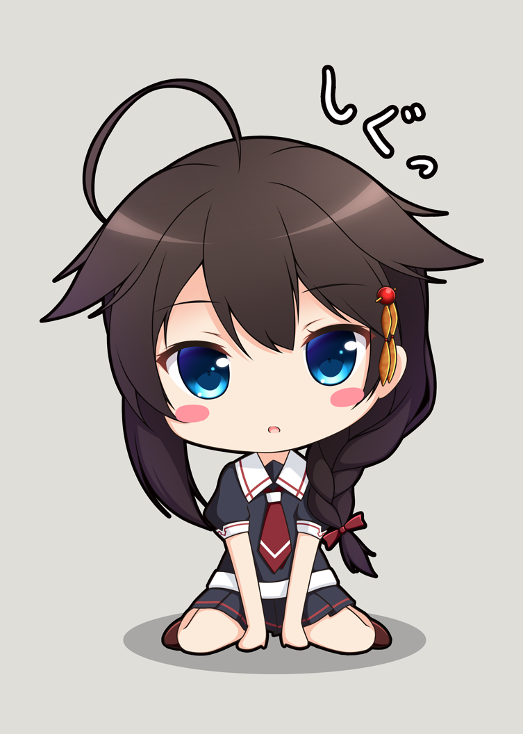 1girl black_hair black_serafuku black_skirt blue_eyes braid chibi full_body grey_background hair_flaps hair_over_shoulder kantai_collection looking_at_viewer neckerchief pleated_skirt red_neckwear remodel_(kantai_collection) sailor_collar school_uniform serafuku shigure_(kantai_collection) shirasawa_kazane simple_background single_braid sitting skirt solo wariza white_sailor_collar